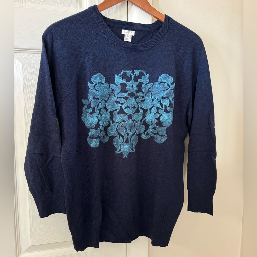 J. Crew Factory Navy Crew-Neck Sweater, with Appliqué Design, Size Medium